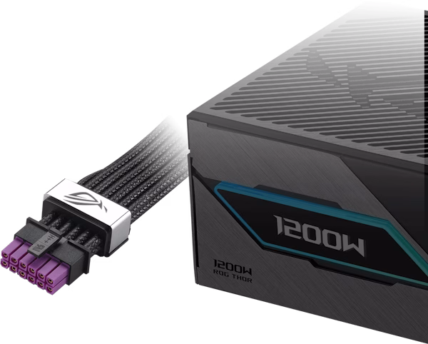 Close-up of a ROG Thor III 1200W Platinum power supply unit with a ROG Equalizer 12V-2x6 PCIe cable, showcasing a sleek, futuristic design against a dark backdrop.