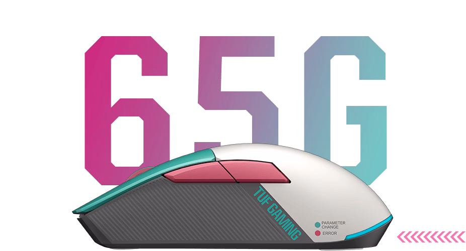A side shot of the TUF Gaming Mini wireless mouse Hatsune Miku Edition with 65 grams written behind it