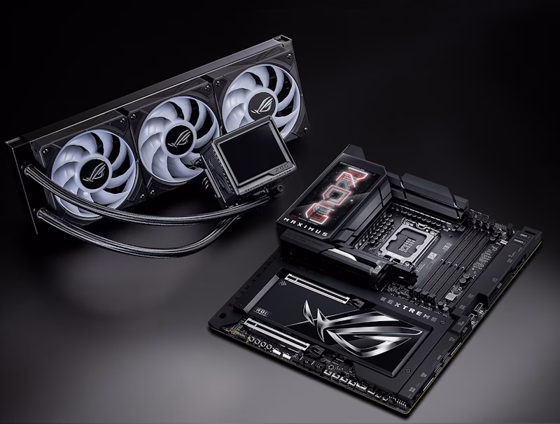 ROG Ryujin III 360 ARGB Extreme and ROG Maximus Z890 Extreme placed on the desk.